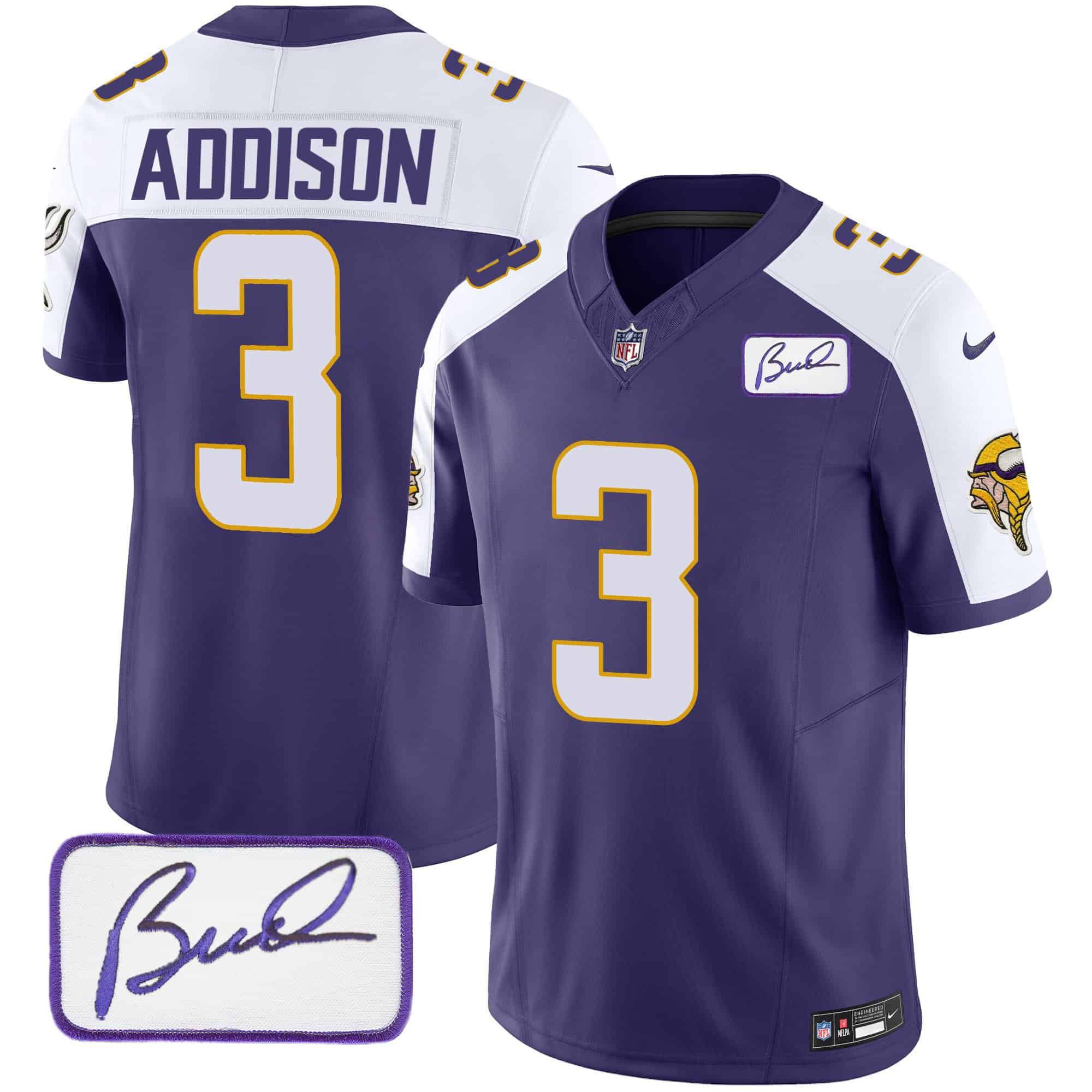 Men Minnesota Vikings #3 Addison Purple 2024 Nike Bud Grant Patch Classic Limited NFL Jersey style 2